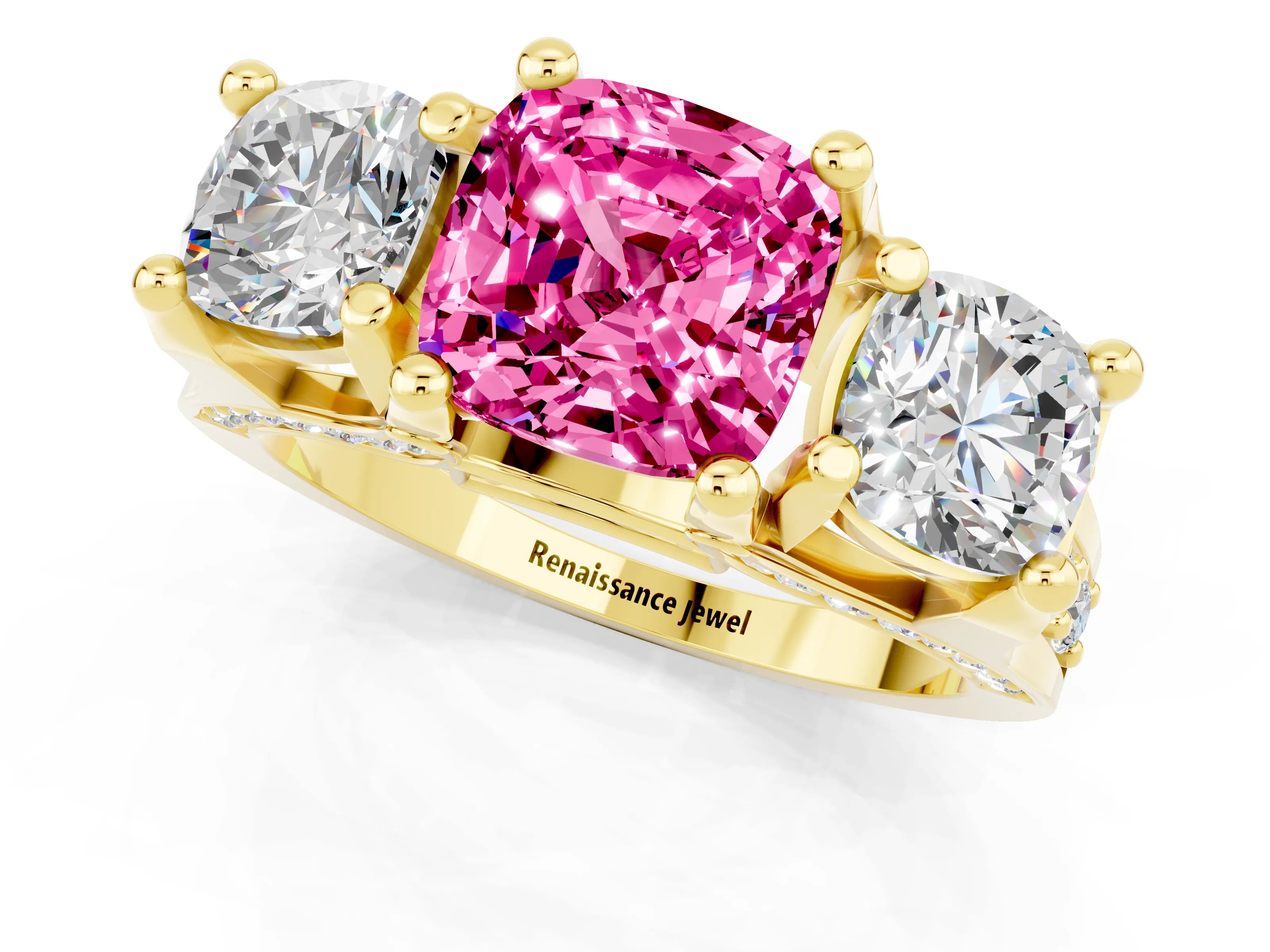 Yellow gold Cushion Cut Pink Sapphire Three-Stone Ring with Channel Set Band and Four-Prong Setting_1