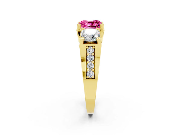 Yellow gold Cushion Cut Pink Sapphire Three-Stone Ring with Channel Set Band and Four-Prong Setting