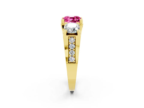 Yellow gold Cushion Cut Pink Sapphire Three-Stone Ring with Channel Set Band and Four-Prong Setting_2