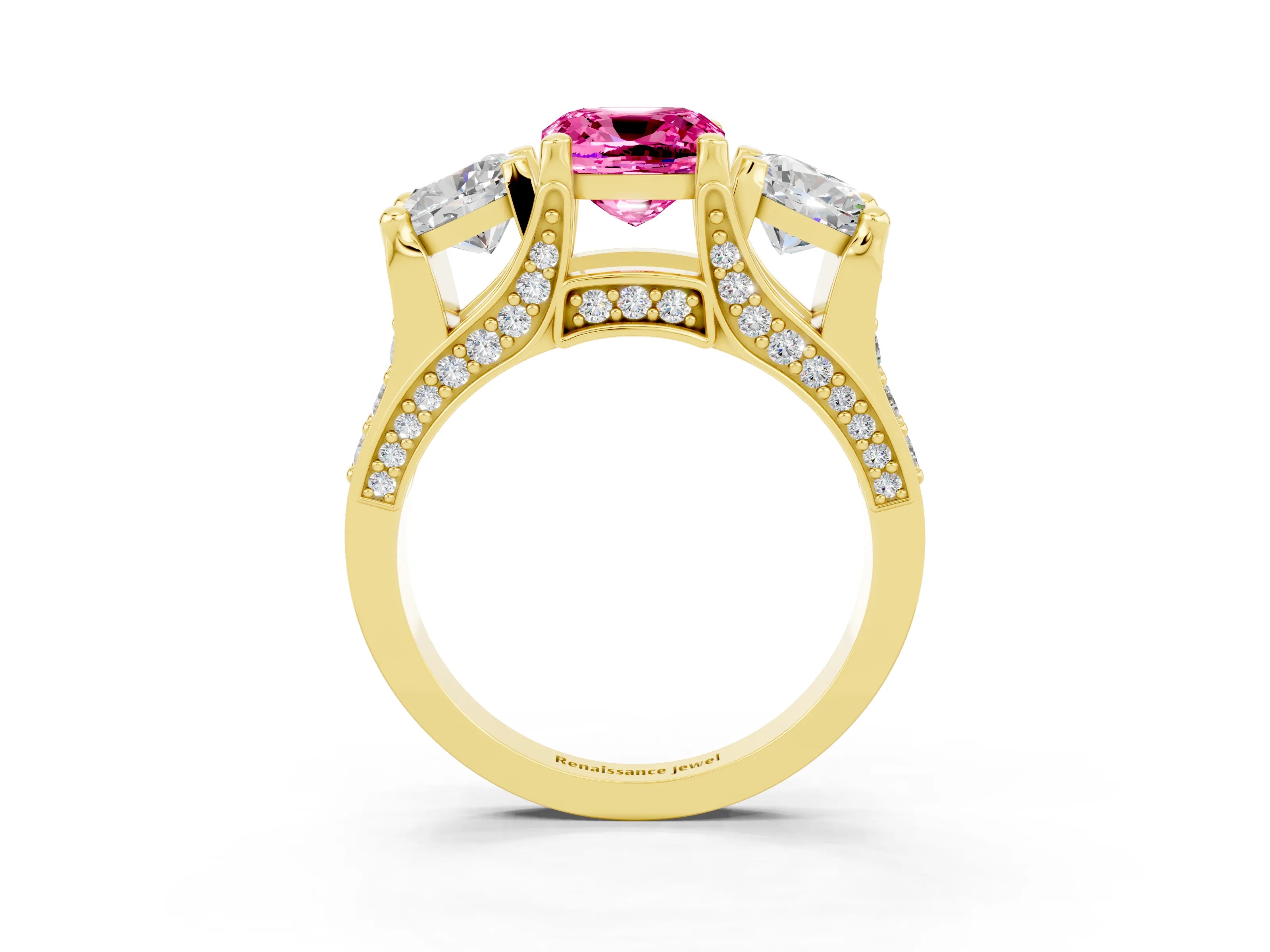 Yellow gold Cushion Cut Pink Sapphire Three-Stone Ring with Channel Set Band and Four-Prong Setting_3