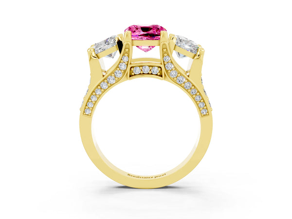 Yellow gold Cushion Cut Pink Sapphire Three-Stone Ring with Channel Set Band and Four-Prong Setting