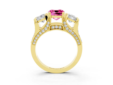 Yellow gold Cushion Cut Pink Sapphire Three-Stone Ring with Channel Set Band and Four-Prong Setting_3
