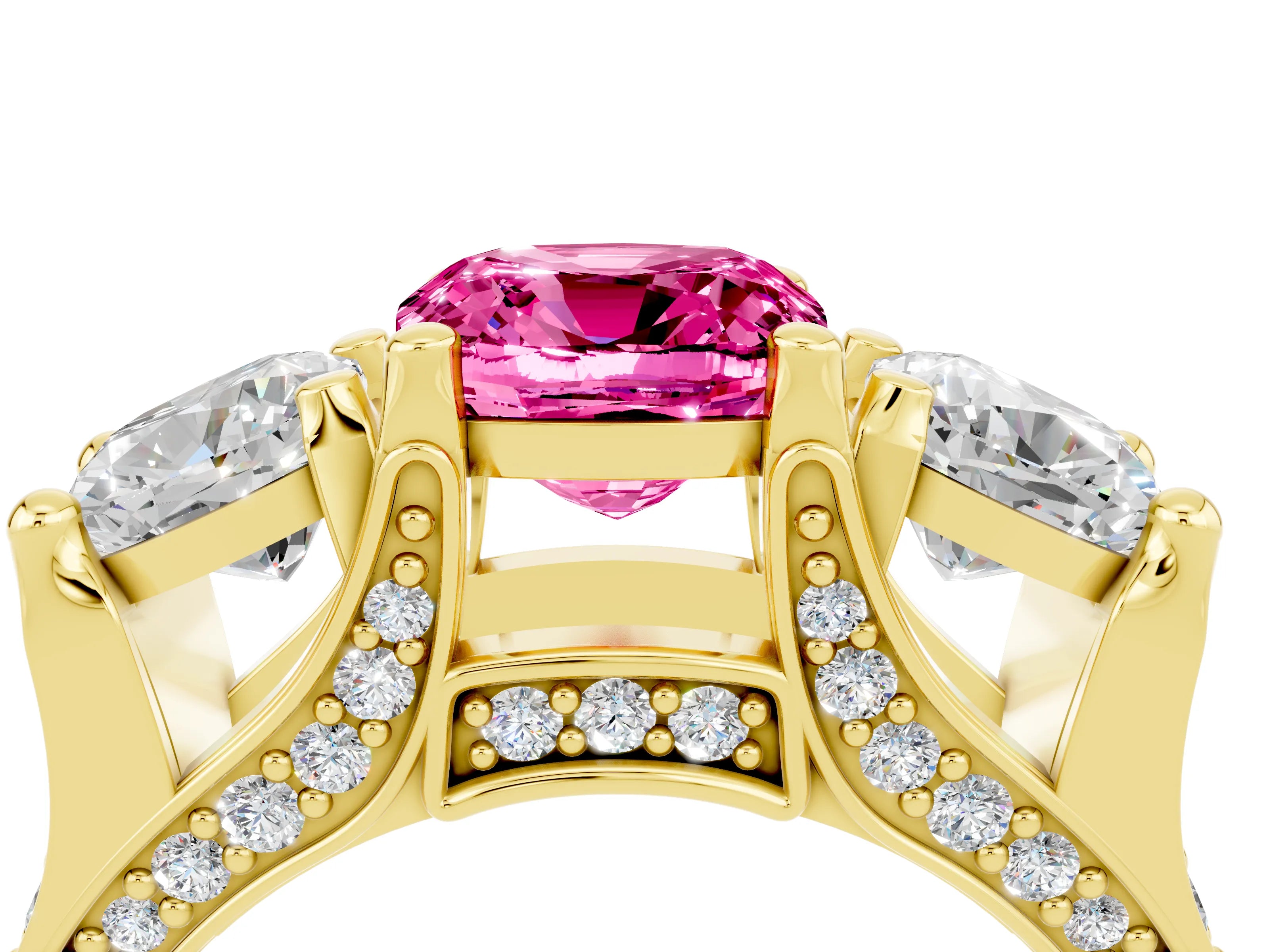 Yellow gold Cushion Cut Pink Sapphire Three-Stone Ring with Channel Set Band and Four-Prong Setting_4