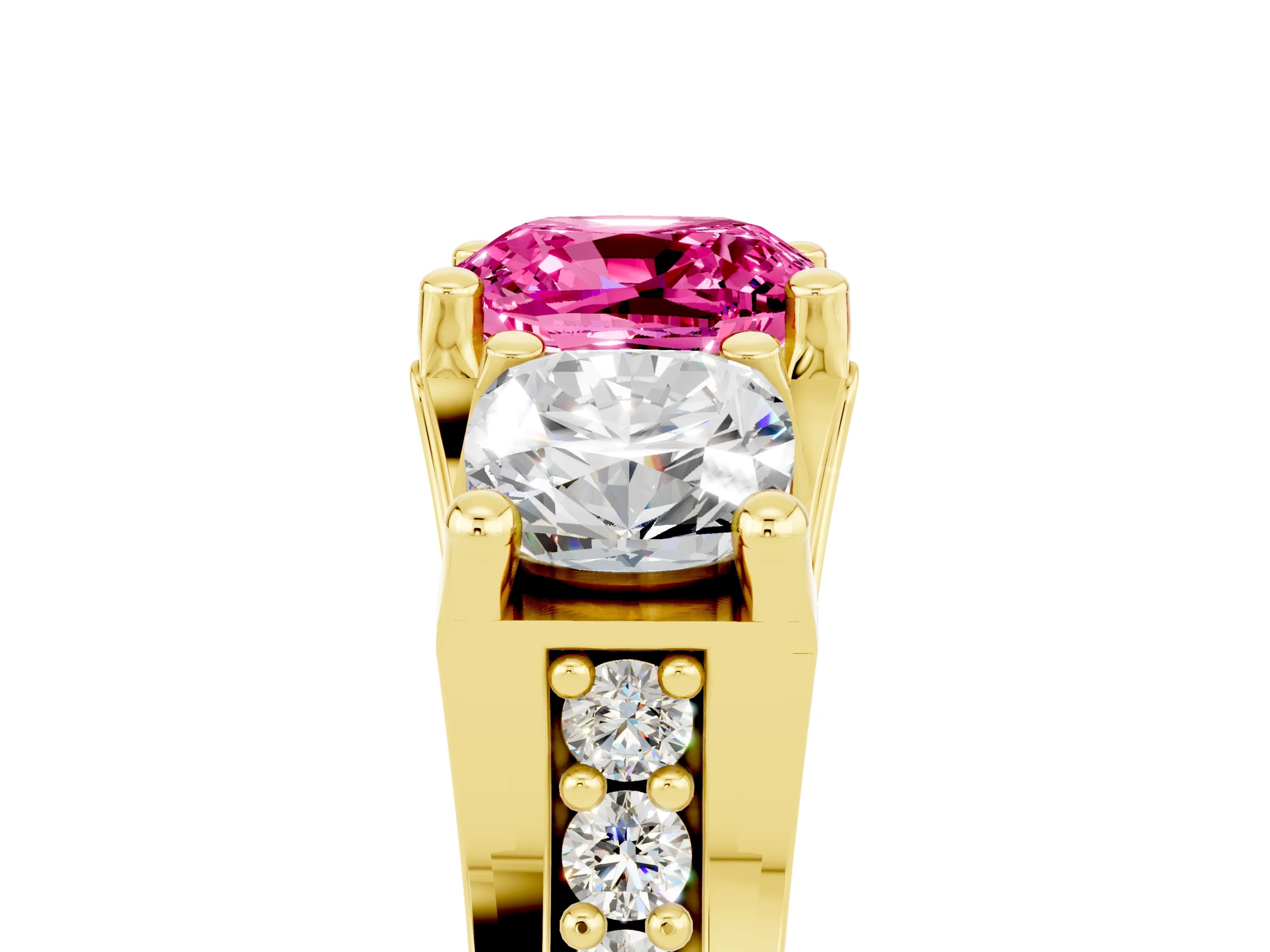 Yellow gold Cushion Cut Pink Sapphire Three-Stone Ring with Channel Set Band and Four-Prong Setting_5
