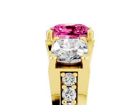 Yellow gold Cushion Cut Pink Sapphire Three-Stone Ring with Channel Set Band and Four-Prong Setting_5