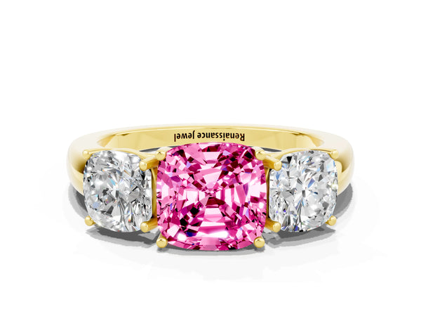 Yellow gold Cushion Cut Pink Sapphire Three-Stone Ring with Four-Prong Setting and Classic Band