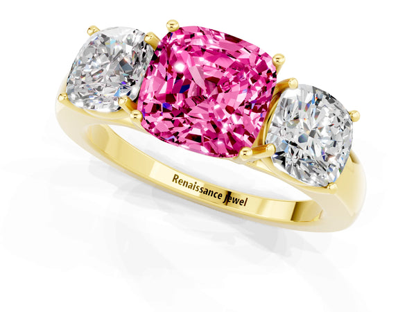Yellow gold Cushion Cut Pink Sapphire Three-Stone Ring with Four-Prong Setting and Classic Band