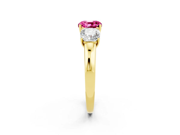 Yellow gold Cushion Cut Pink Sapphire Three-Stone Ring with Four-Prong Setting and Classic Band