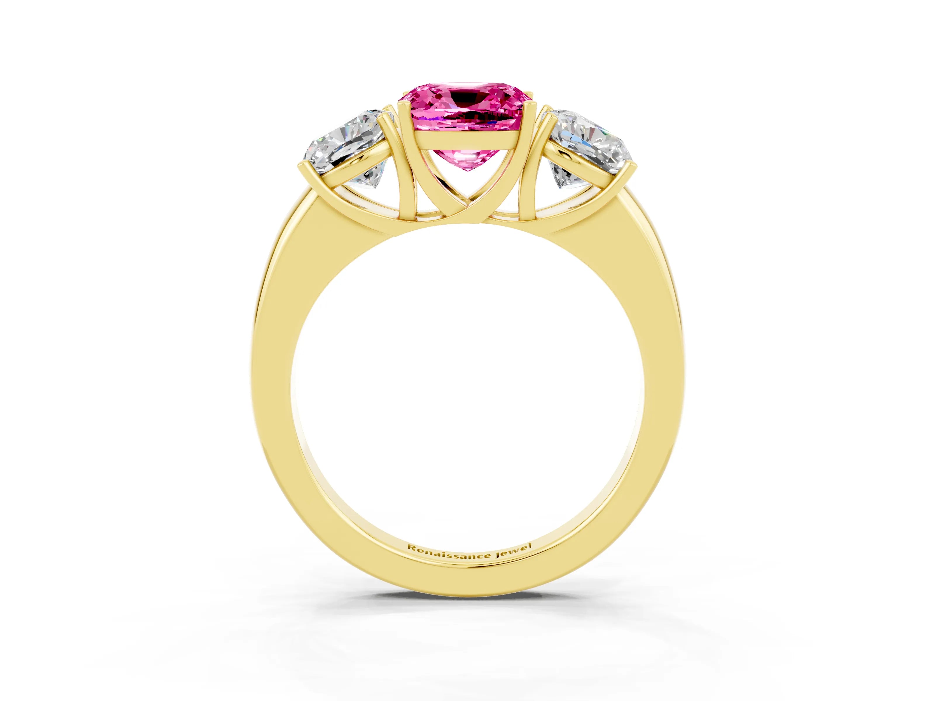 Yellow gold Cushion Cut Pink Sapphire Three-Stone Ring with Four-Prong Setting and Classic Band_3