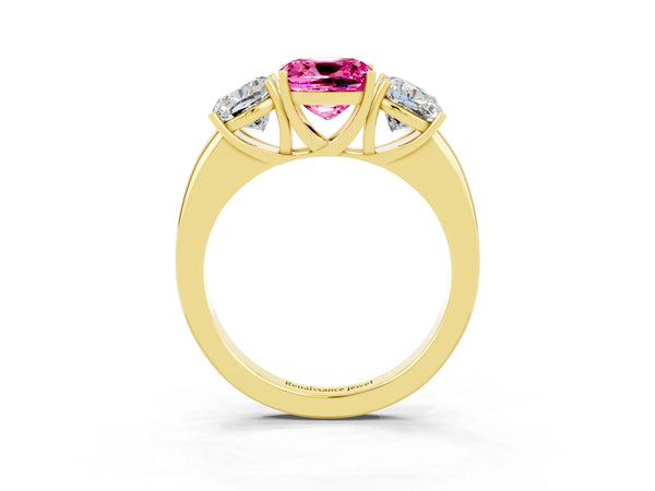 Yellow gold Cushion Cut Pink Sapphire Three-Stone Ring with Four-Prong Setting and Classic Band