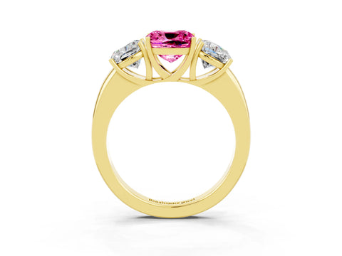 Yellow gold Cushion Cut Pink Sapphire Three-Stone Ring with Four-Prong Setting and Classic Band_3