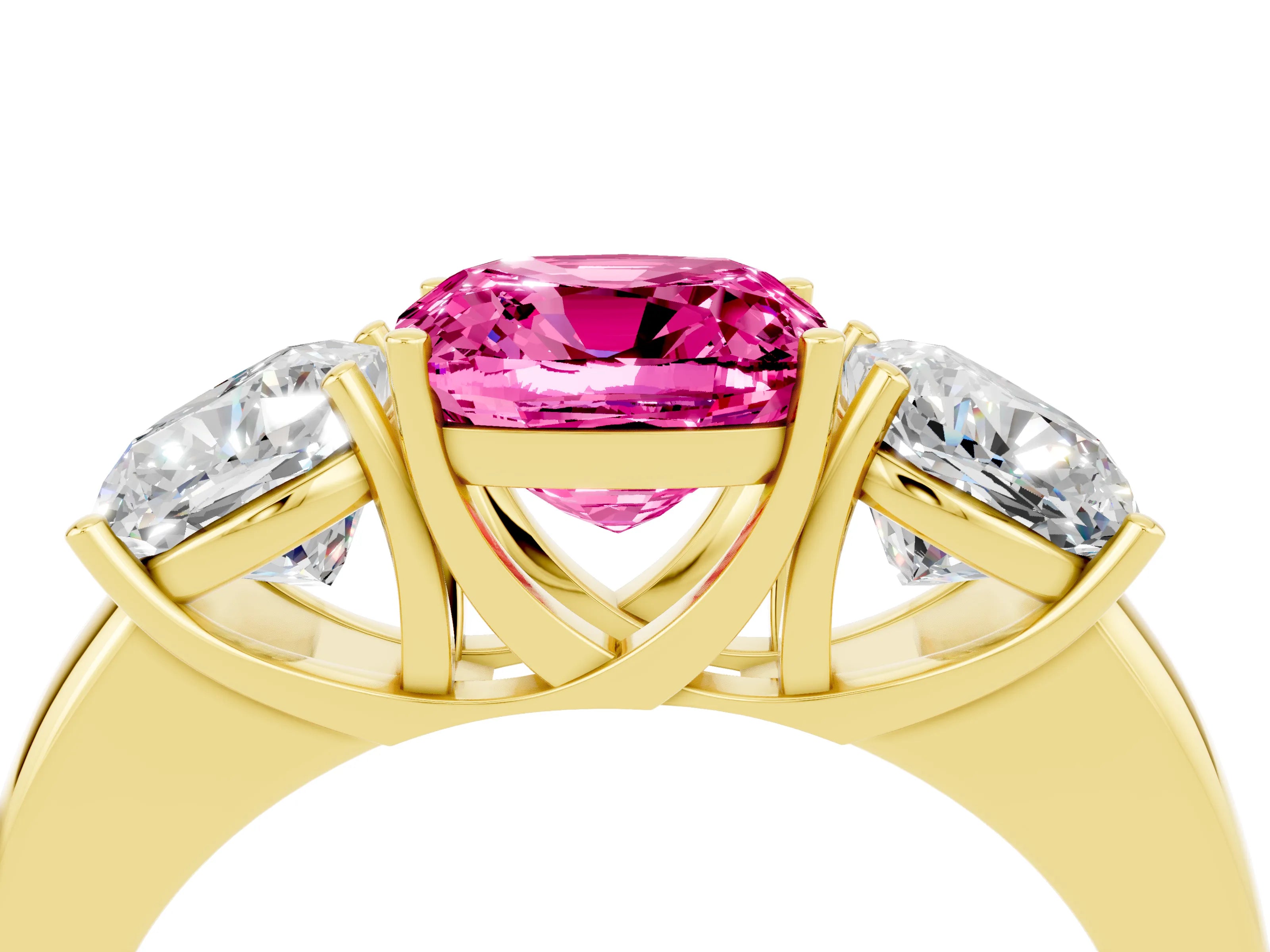 Yellow gold Cushion Cut Pink Sapphire Three-Stone Ring with Four-Prong Setting and Classic Band_4
