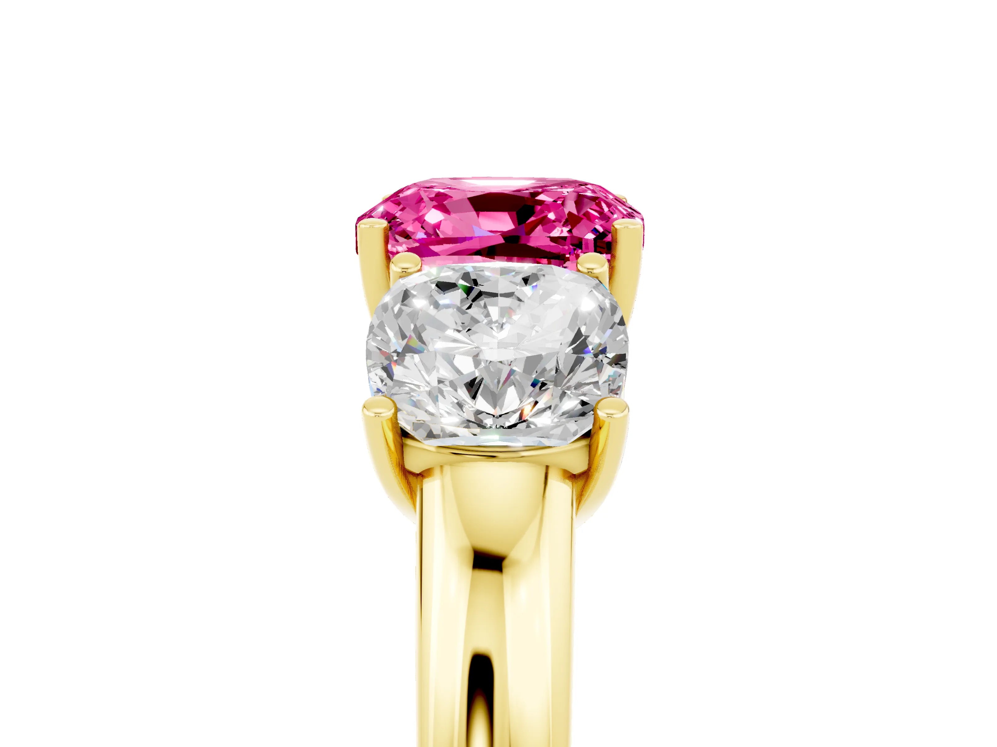 Yellow gold Cushion Cut Pink Sapphire Three-Stone Ring with Four-Prong Setting and Classic Band_5