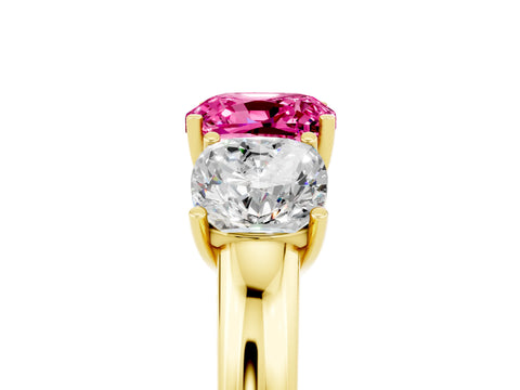 Yellow gold Cushion Cut Pink Sapphire Three-Stone Ring with Four-Prong Setting and Classic Band_5