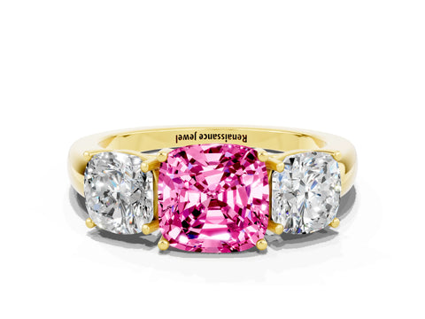 Yellow gold Cushion Cut Pink Sapphire Three-Stone Ring with Four-Prong Setting and Classic Band