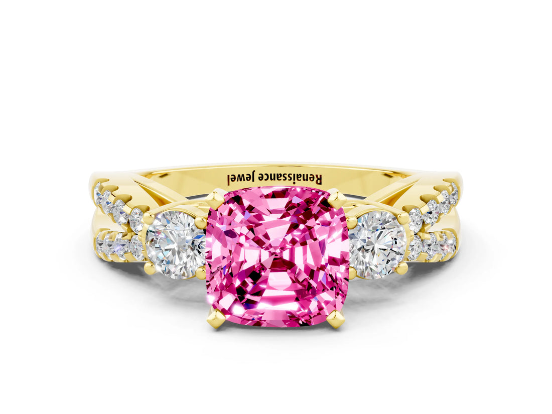 Yellow gold Cushion Cut Pink Sapphire Three-Stone Ring with Pavé Split Shank and Four-Prong Setting_36
