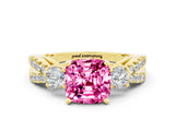 Yellow gold Cushion Cut Pink Sapphire Three-Stone Ring with Pavé Split Shank and Four-Prong Setting_36