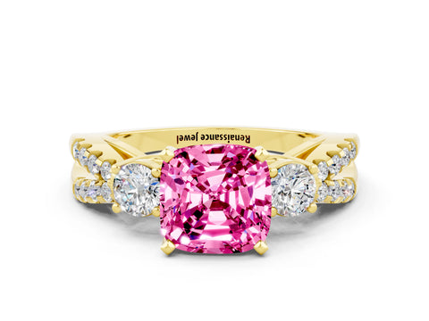 Yellow gold Cushion Cut Pink Sapphire Three-Stone Ring with Pavé Split Shank and Four-Prong Setting_36