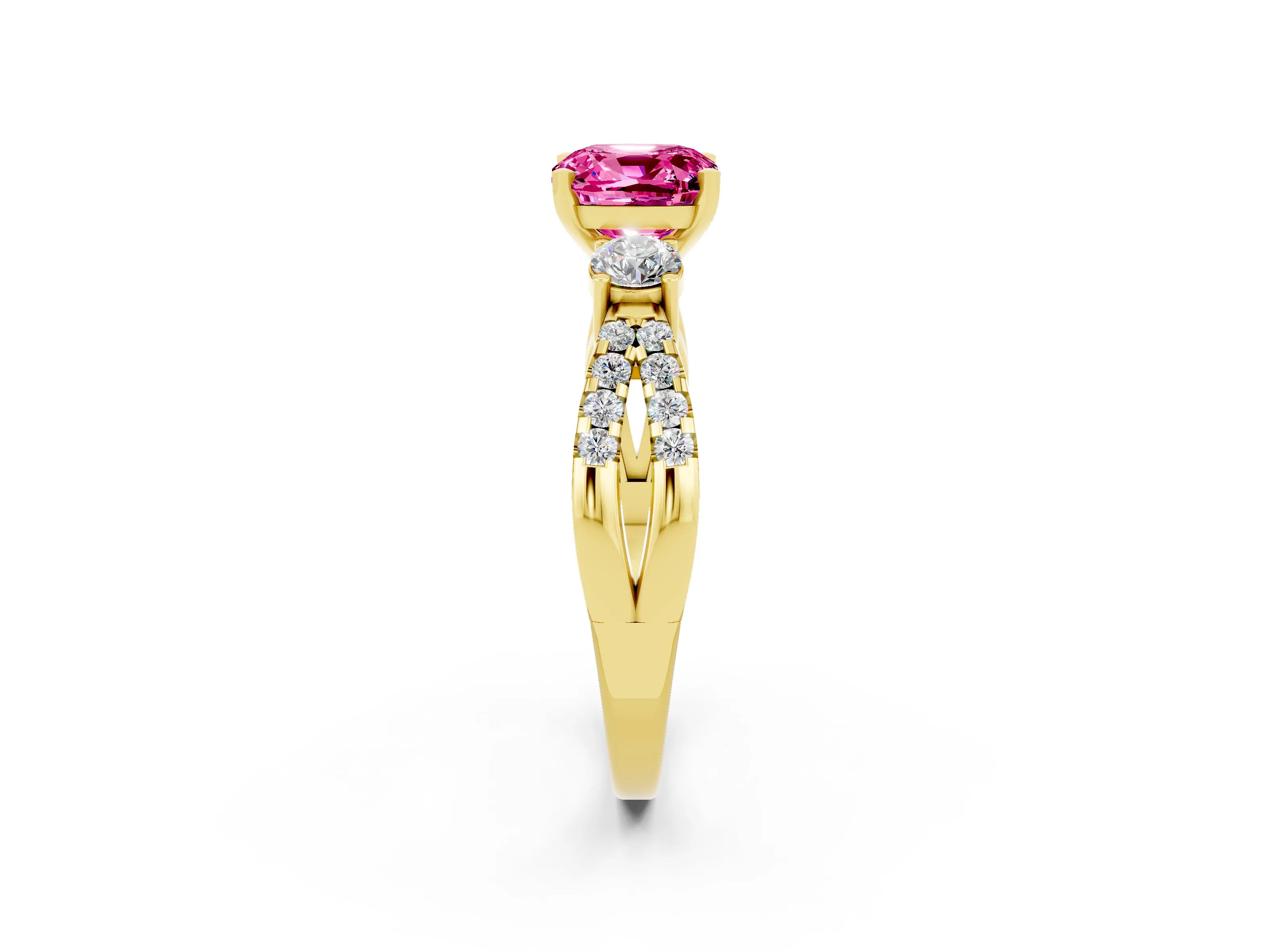 Yellow gold Cushion Cut Pink Sapphire Three-Stone Ring with Pavé Split Shank and Four-Prong Setting_38