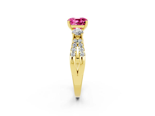 Yellow gold Cushion Cut Pink Sapphire Three-Stone Ring with Pavé Split Shank and Four-Prong Setting