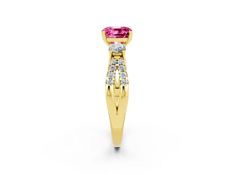 Yellow gold Cushion Cut Pink Sapphire Three-Stone Ring with Pavé Split Shank and Four-Prong Setting_38