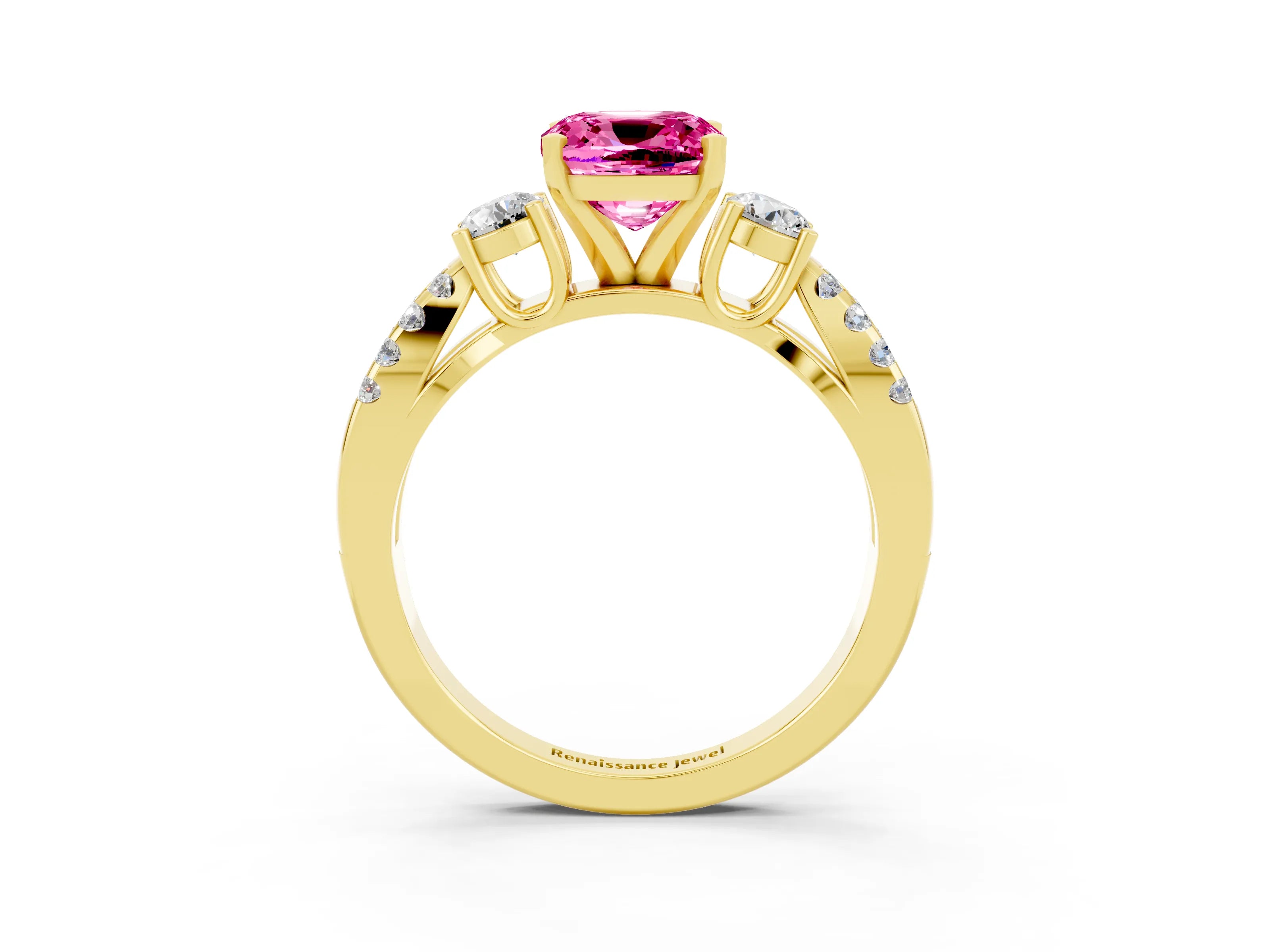 Yellow gold Cushion Cut Pink Sapphire Three-Stone Ring with Pavé Split Shank and Four-Prong Setting_39