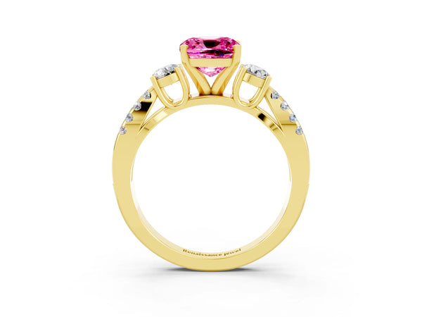 Yellow gold Cushion Cut Pink Sapphire Three-Stone Ring with Pavé Split Shank and Four-Prong Setting