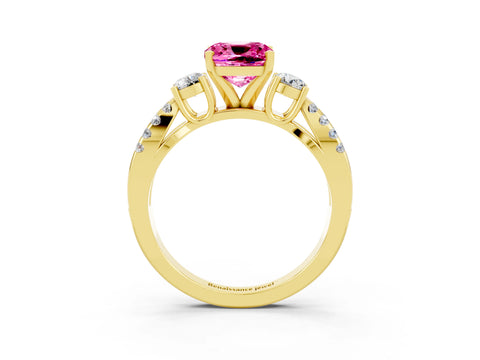 Yellow gold Cushion Cut Pink Sapphire Three-Stone Ring with Pavé Split Shank and Four-Prong Setting_39