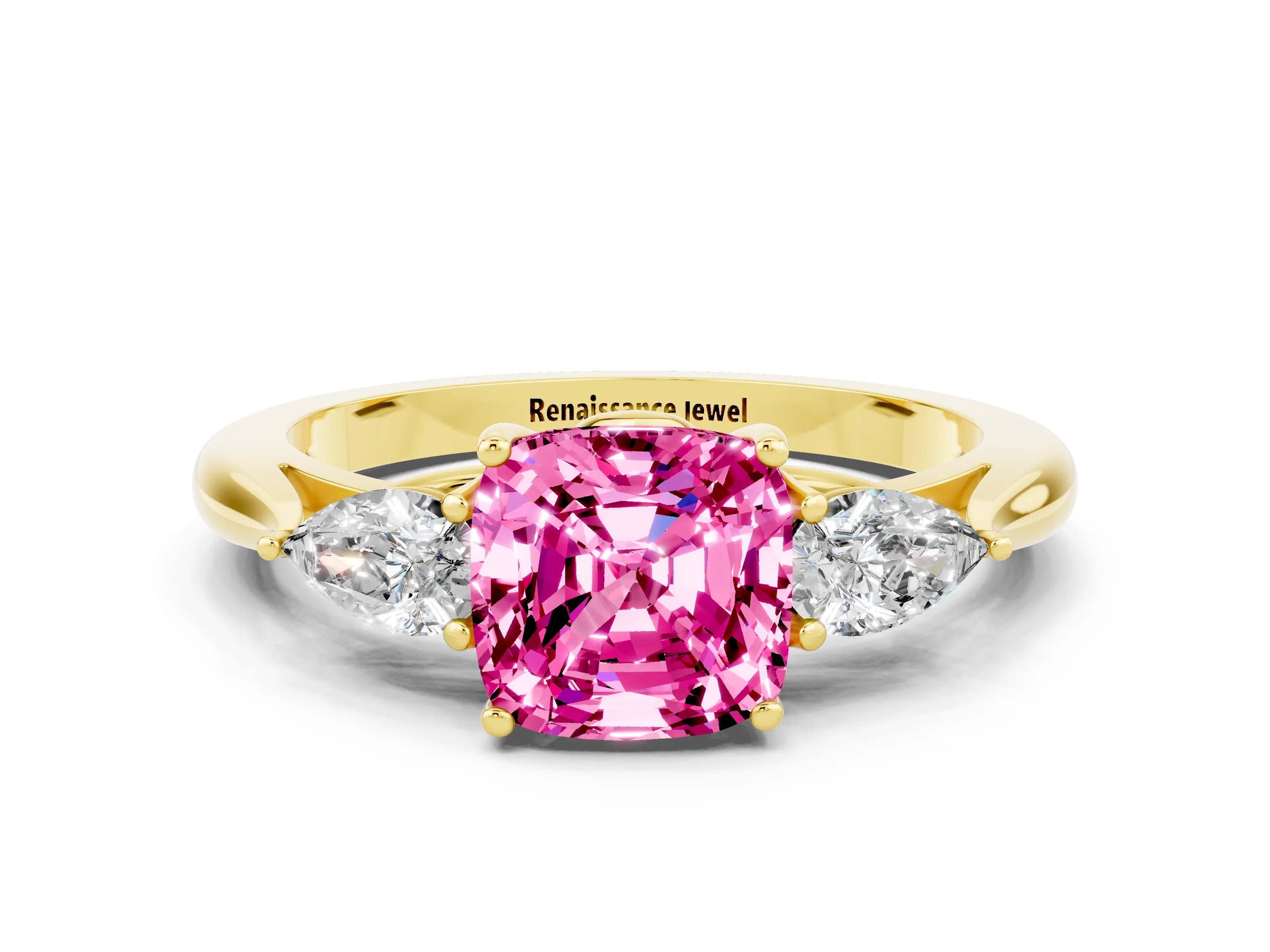 Yellow gold Cushion Cut Pink Sapphire Three-Stone Ring with Pear Side Stones and Four-Prong Setting_12