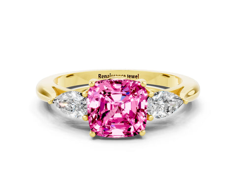 Yellow gold Cushion Cut Pink Sapphire Three-Stone Ring with Pear Side Stones and Four-Prong Setting_12