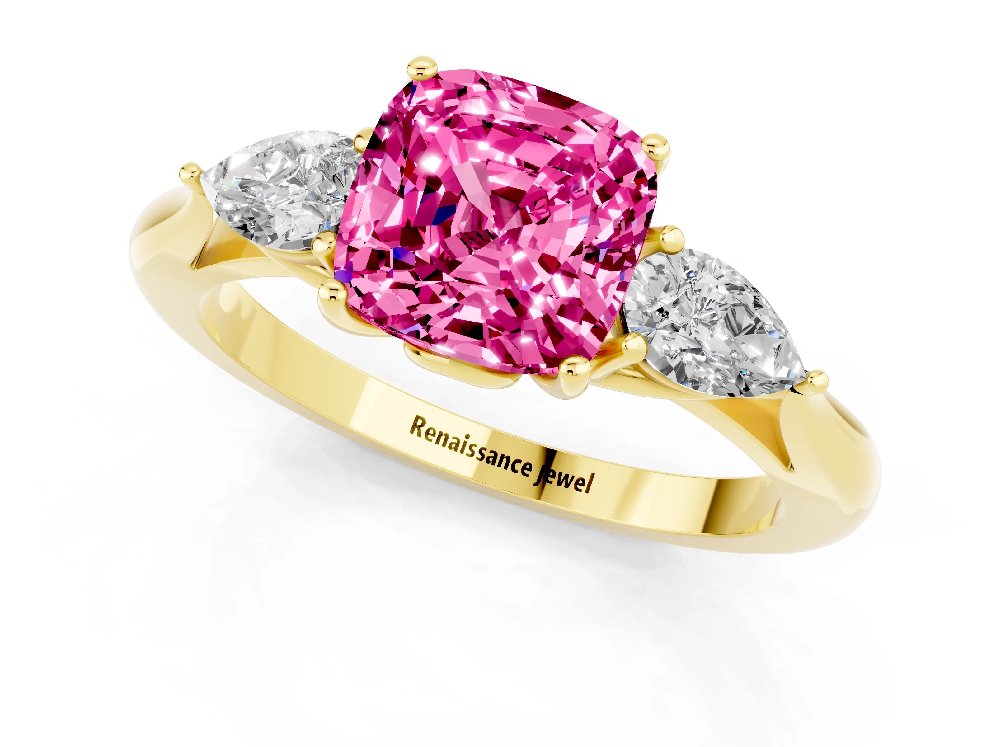 Yellow gold Cushion Cut Pink Sapphire Three-Stone Ring with Pear Side Stones and Four-Prong Setting_13