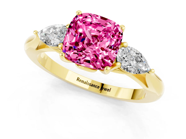 Yellow gold Cushion Cut Pink Sapphire Three-Stone Ring with Pear  Side Stones and Prong Setting
