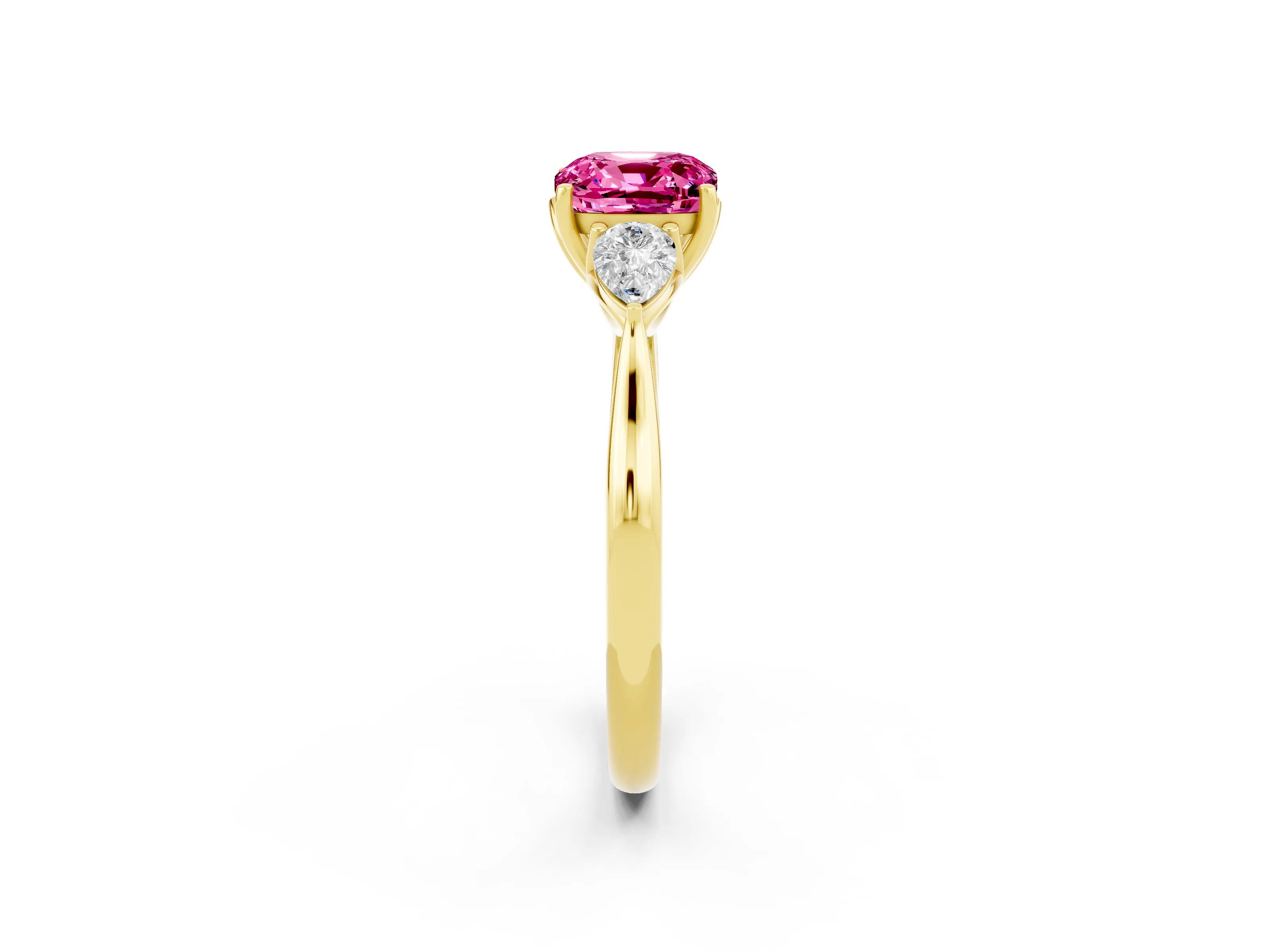 Yellow gold Cushion Cut Pink Sapphire Three-Stone Ring with Pear Side Stones and Four-Prong Setting_14