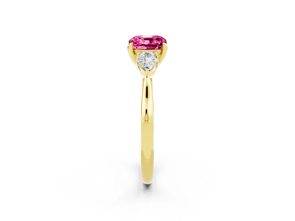 Yellow gold Cushion Cut Pink Sapphire Three-Stone Ring with Pear  Side Stones and Prong Setting