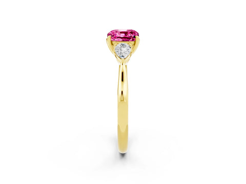 Yellow gold Cushion Cut Pink Sapphire Three-Stone Ring with Pear Side Stones and Four-Prong Setting_14