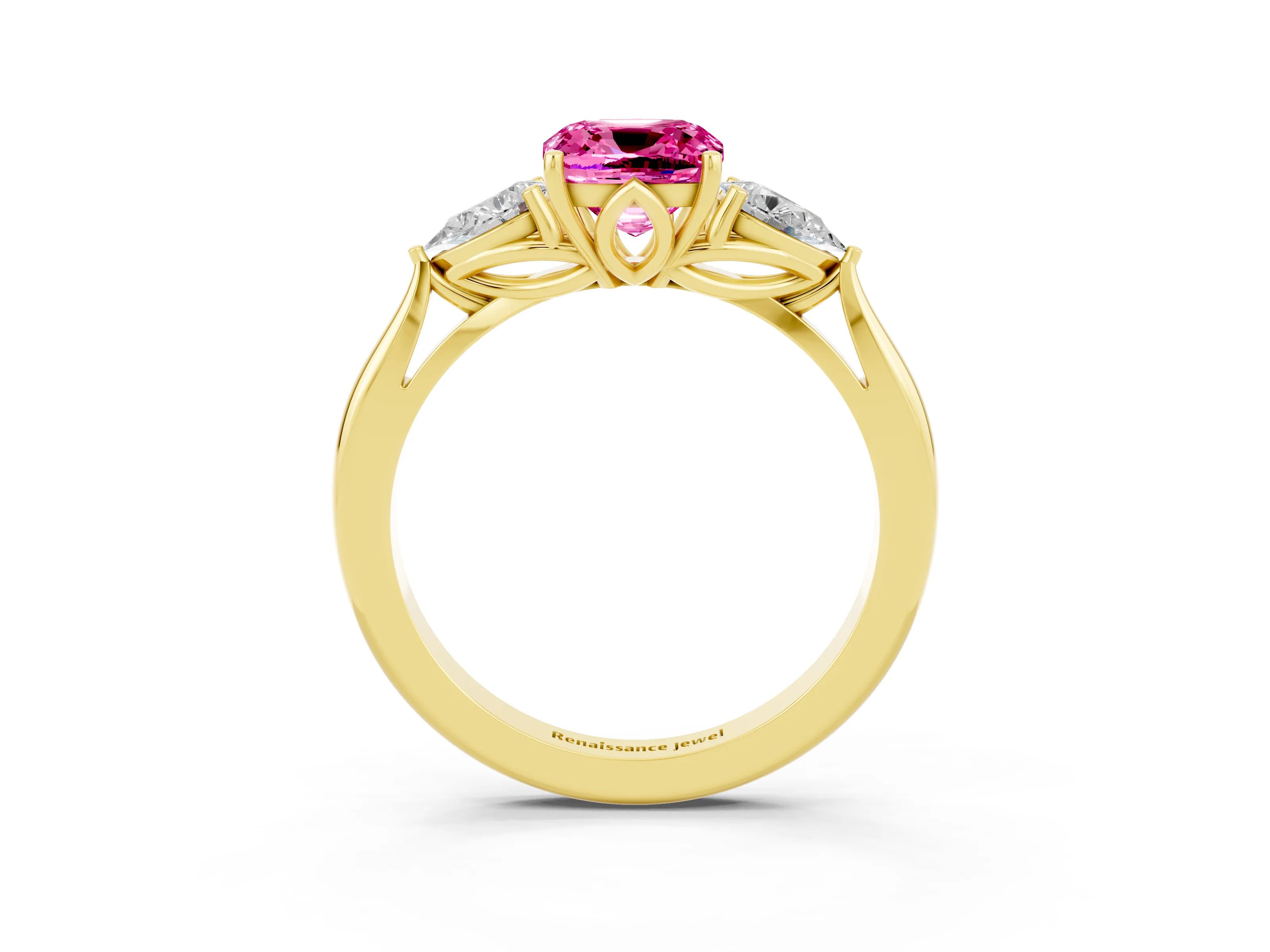 Yellow gold Cushion Cut Pink Sapphire Three-Stone Ring with Pear Side Stones and Four-Prong Setting_15