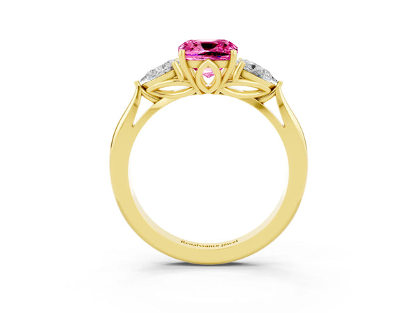 Yellow gold Cushion Cut Pink Sapphire Three-Stone Ring with Pear  Side Stones and Prong Setting