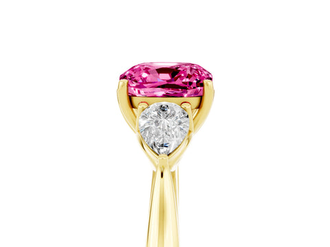 Yellow gold Cushion Cut Pink Sapphire Three-Stone Ring with Pear Side Stones and Four-Prong Setting_17