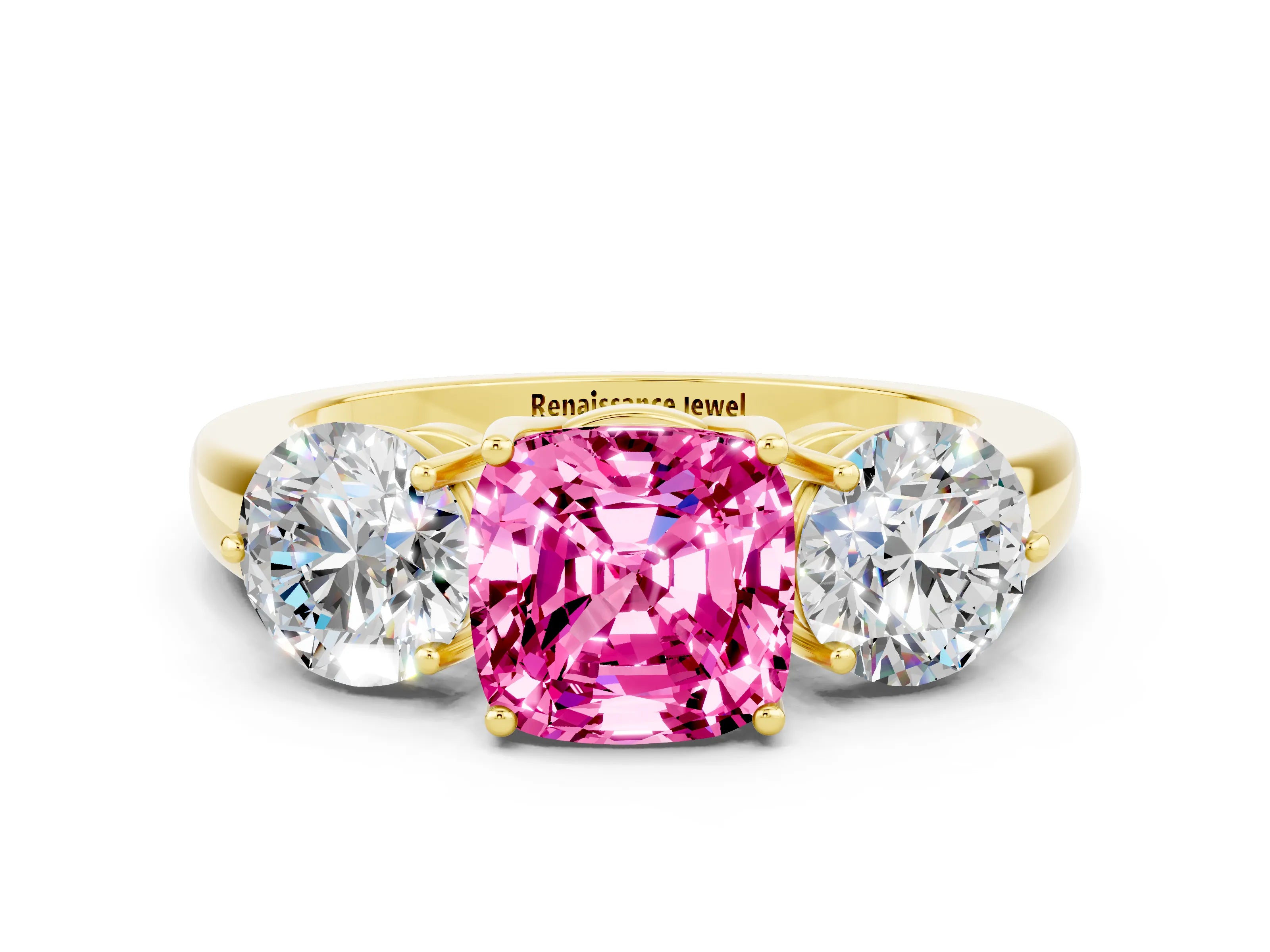 Yellow gold Cushion Cut Pink Sapphire Three-Stone Ring with Prong Setting and Classic Band