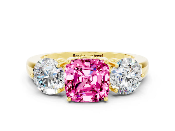 Yellow gold Cushion Cut Pink Sapphire Three-Stone Ring with Prong Setting and Classic Band