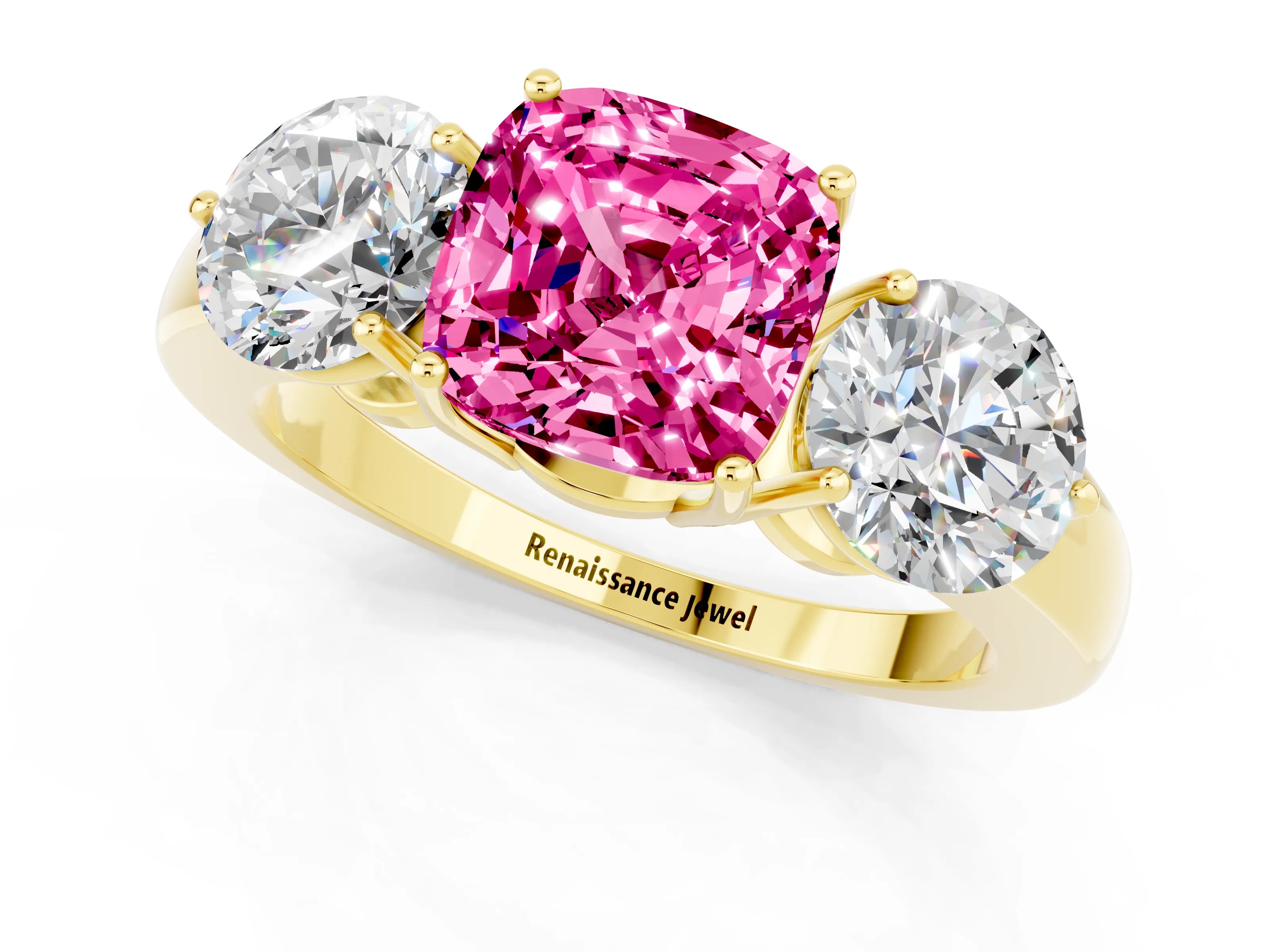 Yellow gold Cushion Cut Pink Sapphire Three-Stone Ring with Prong Setting and Classic Band_1