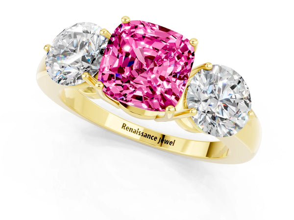 Yellow gold Cushion Cut Pink Sapphire Three-Stone Ring with Prong Setting and Classic Band