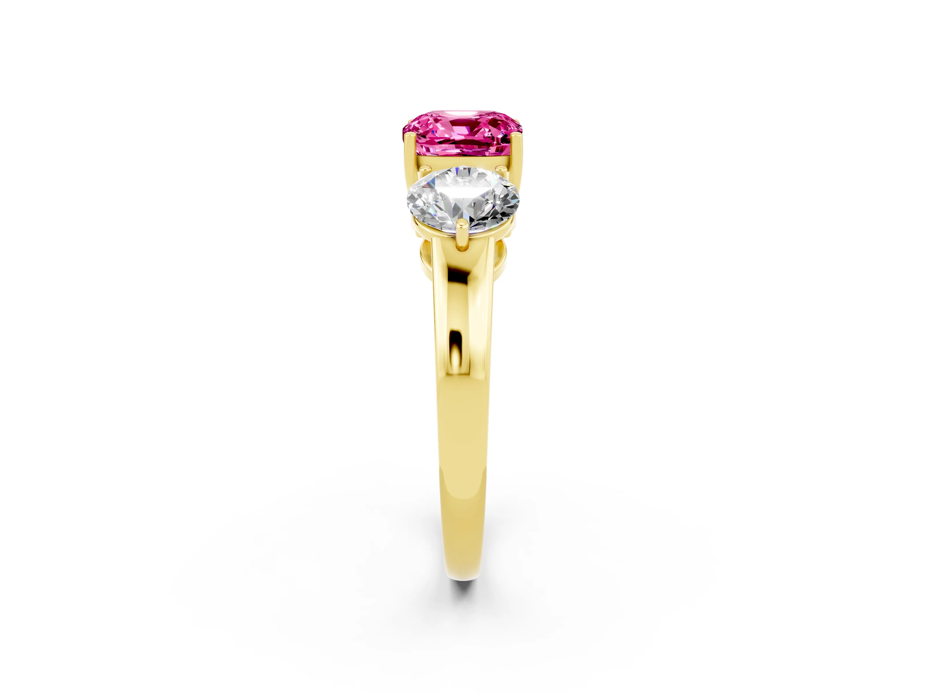 Yellow gold Cushion Cut Pink Sapphire Three-Stone Ring with Prong Setting and Classic Band_2