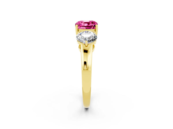 Yellow gold Cushion Cut Pink Sapphire Three-Stone Ring with Prong Setting and Classic Band