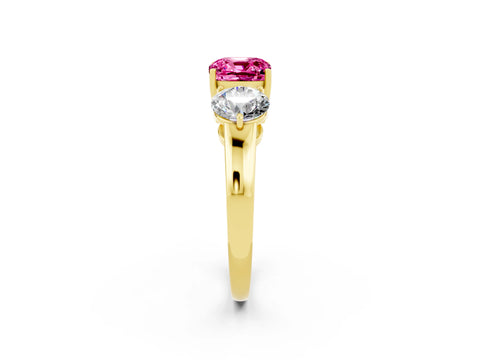 Yellow gold Cushion Cut Pink Sapphire Three-Stone Ring with Prong Setting and Classic Band_2