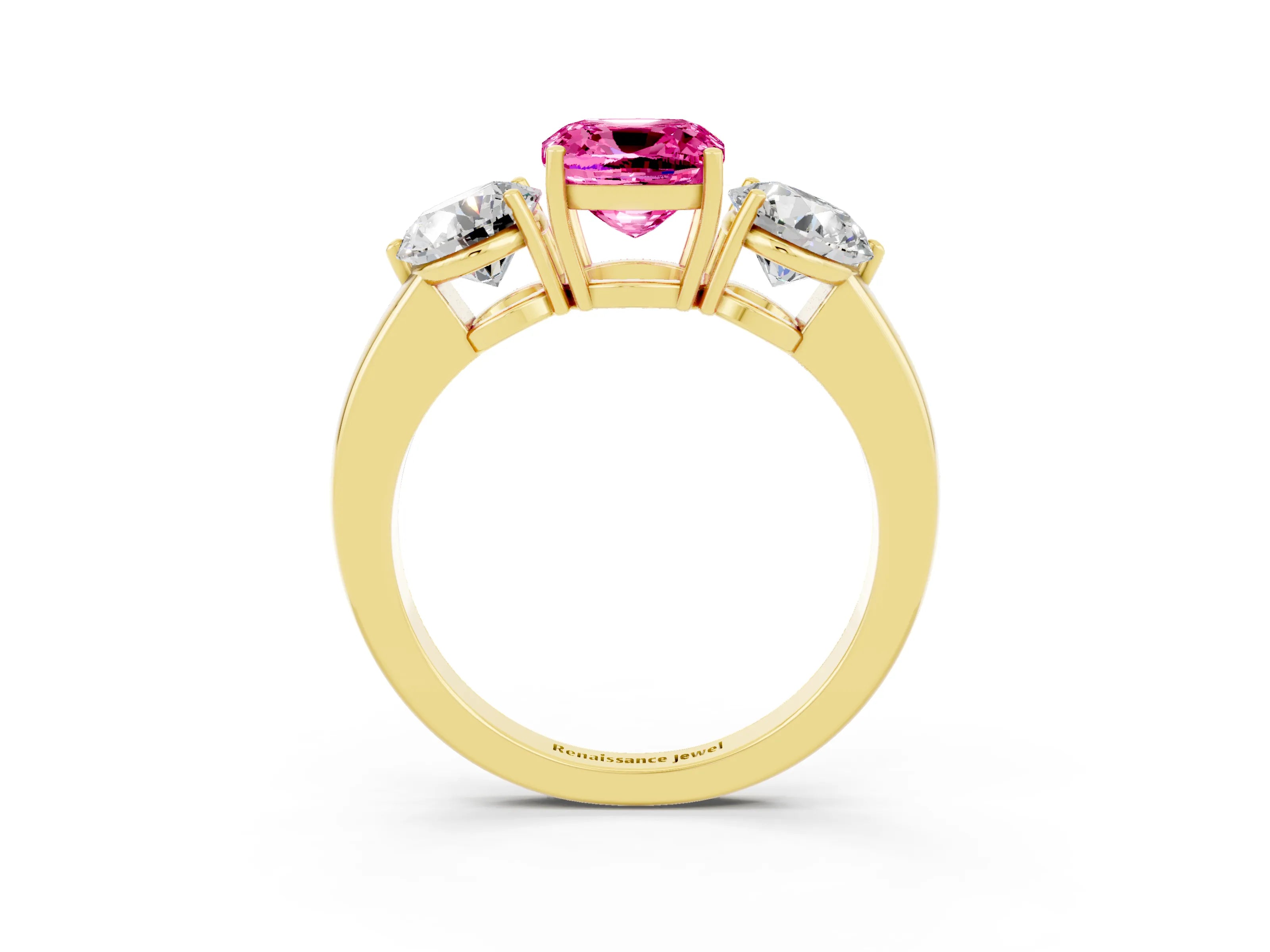 Yellow gold Cushion Cut Pink Sapphire Three-Stone Ring with Prong Setting and Classic Band_3