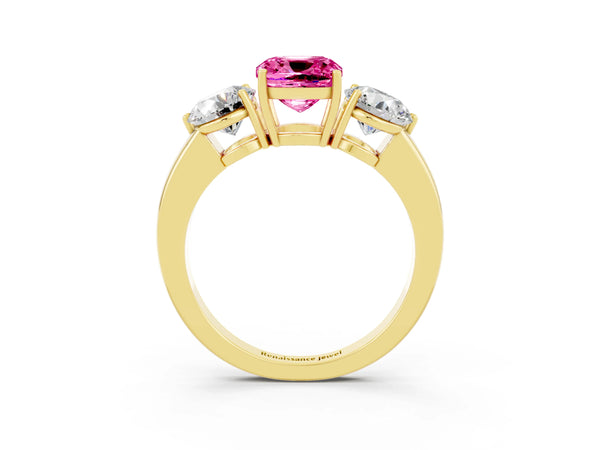Yellow gold Cushion Cut Pink Sapphire Three-Stone Ring with Prong Setting and Classic Band