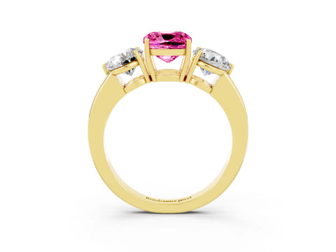 Yellow gold Cushion Cut Pink Sapphire Three-Stone Ring with Prong Setting and Classic Band_3