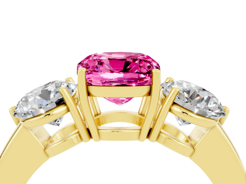 Yellow gold Cushion Cut Pink Sapphire Three-Stone Ring with Prong Setting and Classic Band_4