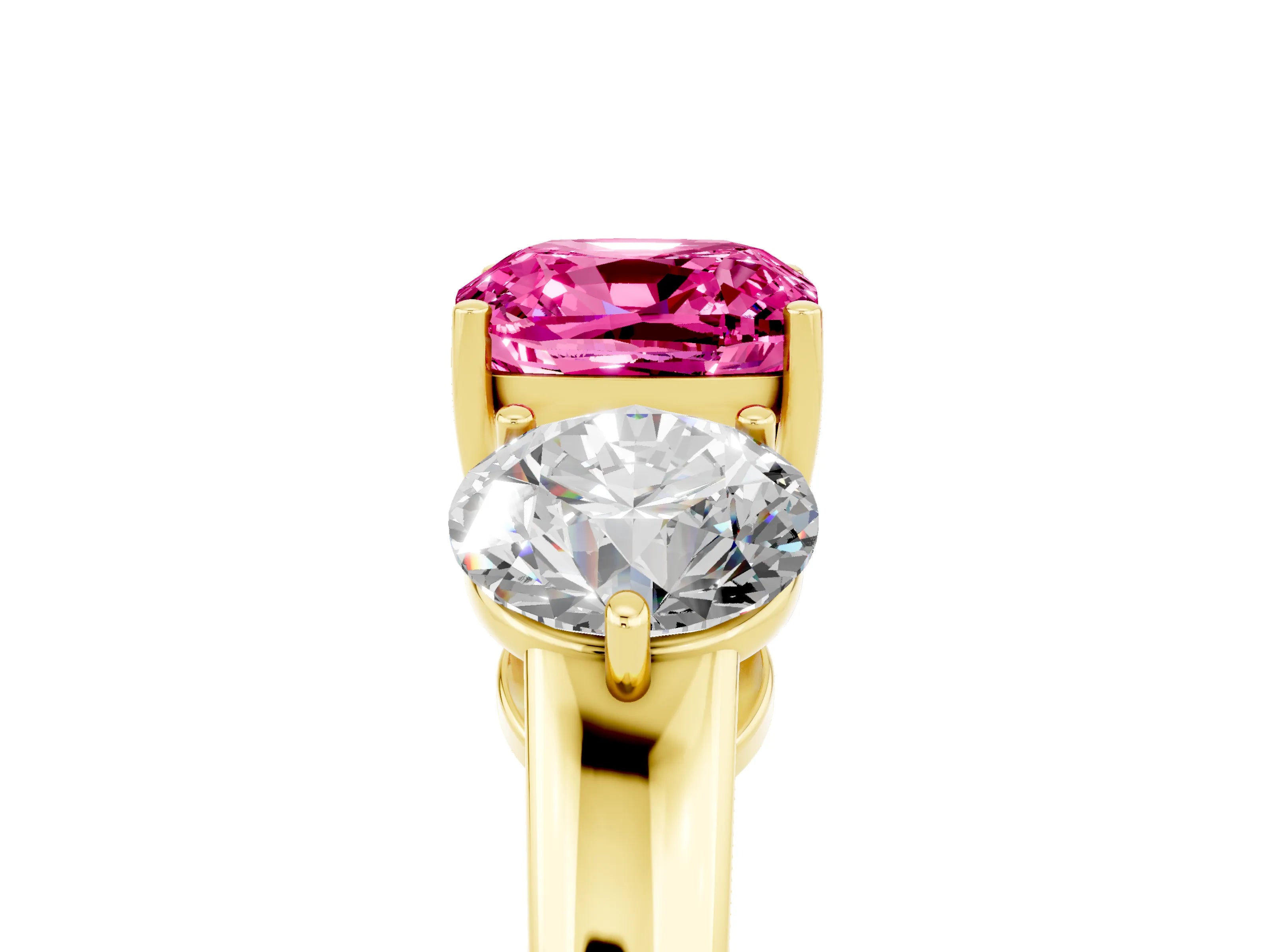 Yellow gold Cushion Cut Pink Sapphire Three-Stone Ring with Prong Setting and Classic Band_5
